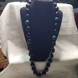 Beautiful Black Chunky Hawaiian Kukui Nut Lei Necklace with Ribbon Closure